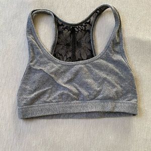 Gray sports bra with black lace back